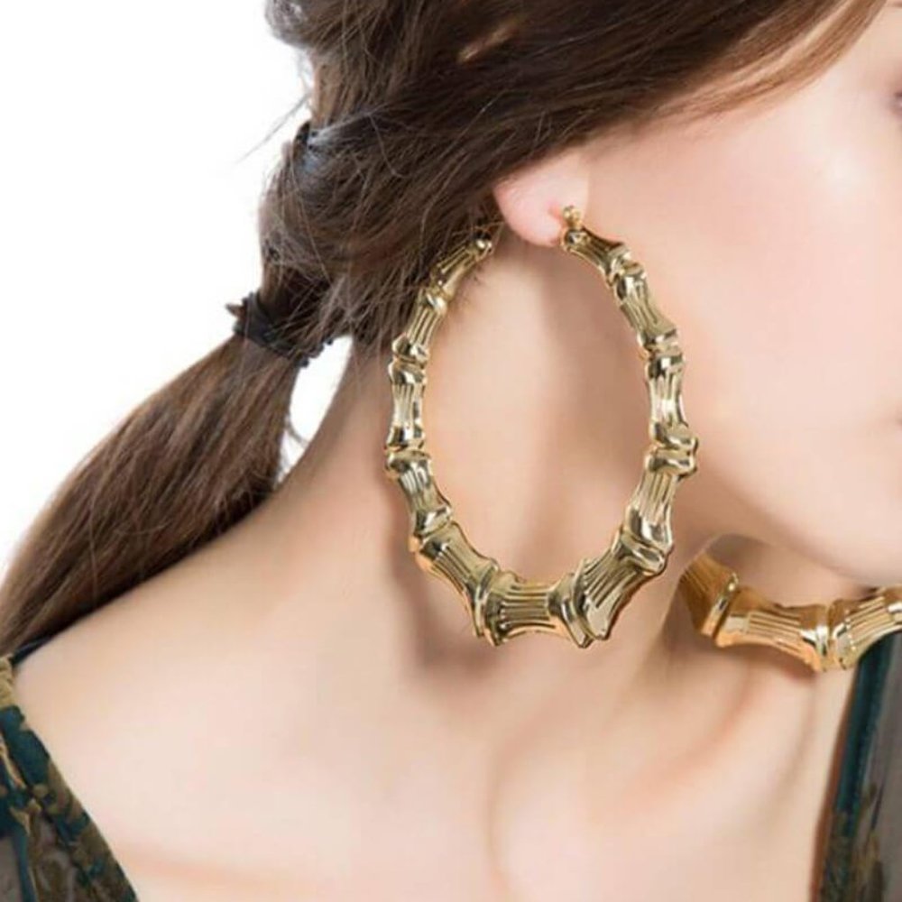 Big Hoop Earrings Gold Tone Bamboo Style